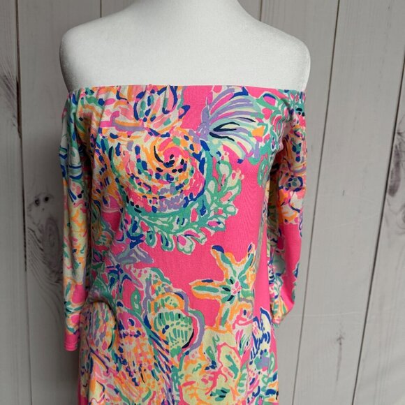 Lilly Pulitzer Laurana Off-Shoulder Dress Coral Reef Seacret M EUC - Picture 2 of 11